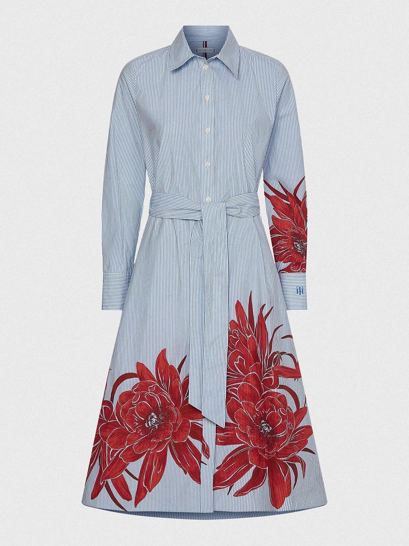 Női Tommy Hilfiger Floral Stripe Midi Shirtdress Dresses Kék | HU 91MQZ